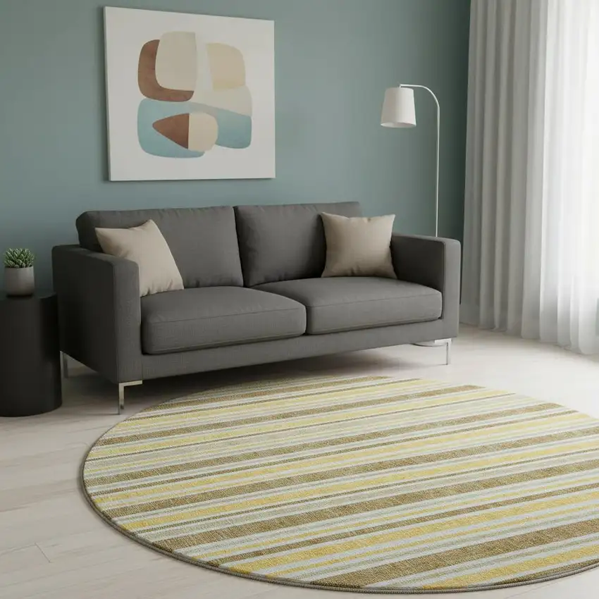 8' Coffee And Gold Striped Washable Round Rug With UV Protection Photo 2