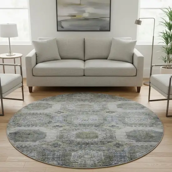 8' Coffee And Gray Abstract Geometric Washable Round Rug With UV Protection Photo 2