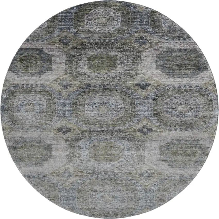 8' Coffee And Gray Abstract Geometric Washable Round Rug With UV Protection Photo 1