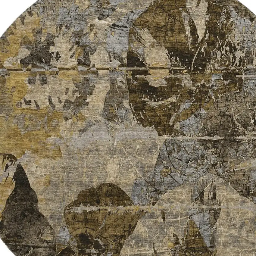 8' Coffee And Gray Abstract Washable Round Rug With UV Protection Photo 3