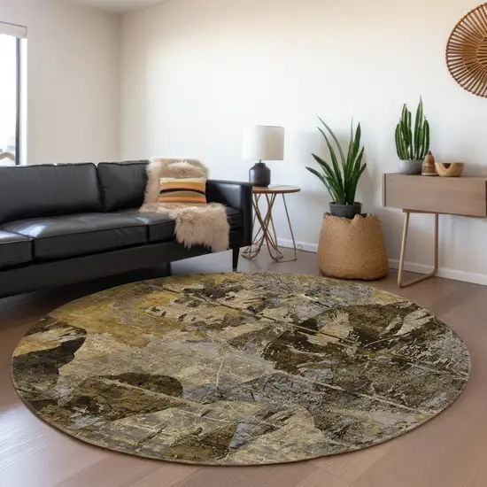 8' Coffee And Gray Abstract Washable Round Rug With UV Protection Photo 5