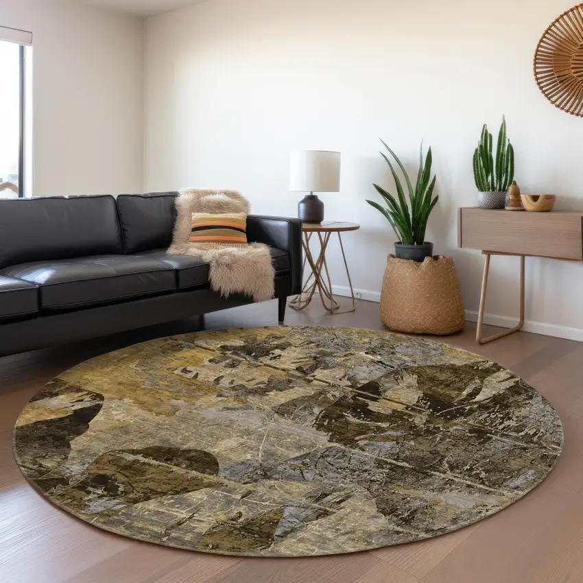 8' Coffee And Gray Abstract Washable Round Rug With UV Protection Photo 5