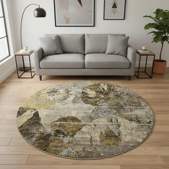 8' Coffee And Gray Abstract Washable Round Rug With UV Protection Photo 2