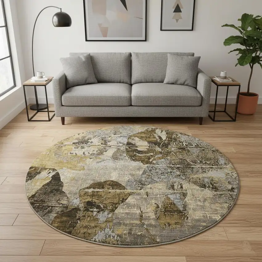 8' Coffee And Gray Abstract Washable Round Rug With UV Protection Photo 2