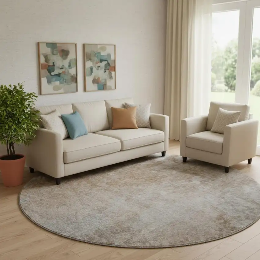 8' Coffee And Gray Abstract Washable Round Rug With UV Protection Photo 1