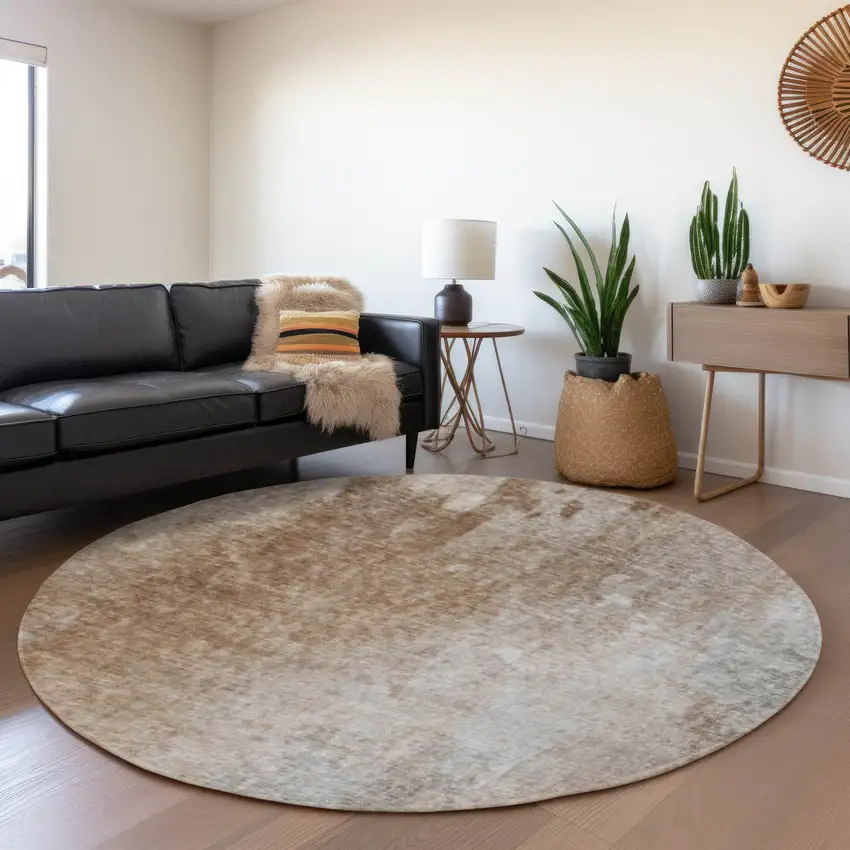 8' Coffee And Gray Abstract Washable Round Rug With UV Protection Photo 5
