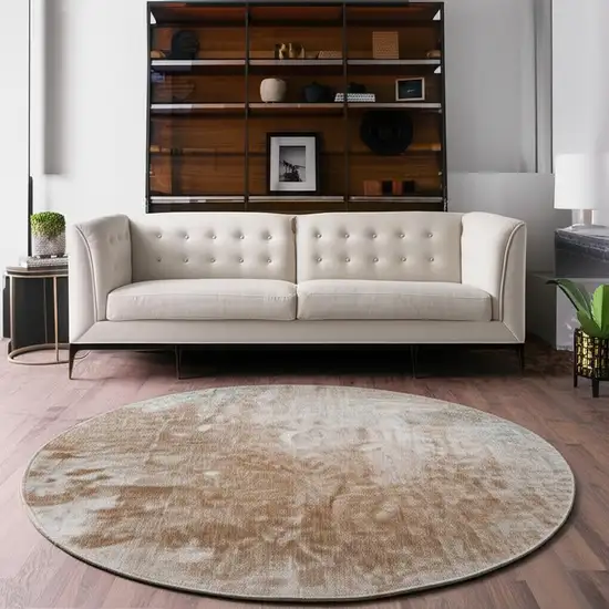 8' Coffee And Gray Abstract Washable Round Rug With UV Protection Photo 2