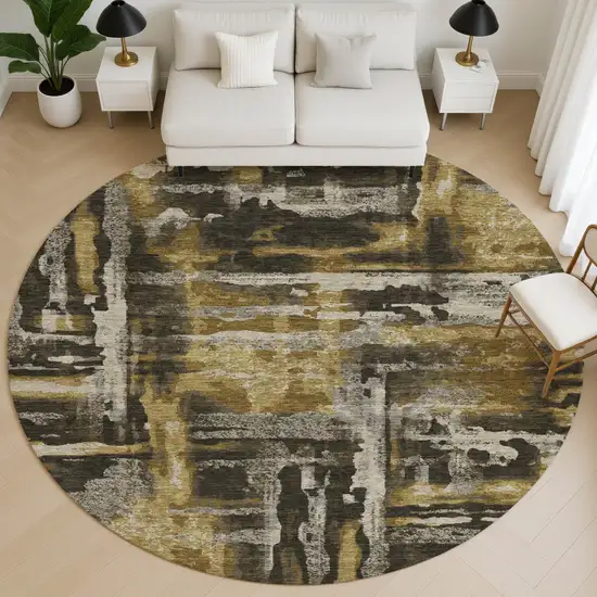 8' Coffee And Gray Abstract Washable Round Rug With UV Protection Photo 5