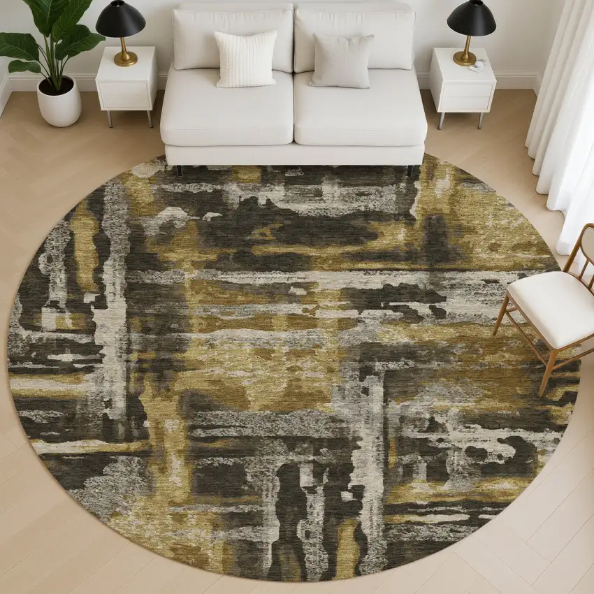 8' Coffee And Gray Abstract Washable Round Rug With UV Protection Photo 5