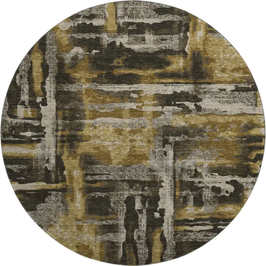 8' Coffee And Gray Abstract Washable Round Rug With UV Protection Photo 1
