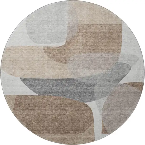 8' Coffee And Gray Abstract Washable Round Rug With UV Protection Photo 4