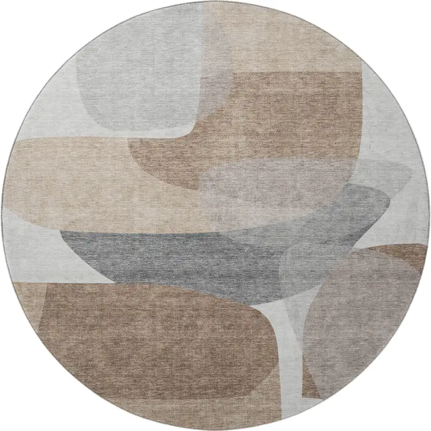 8' Coffee And Gray Abstract Washable Round Rug With UV Protection Photo 4