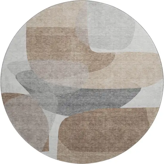 8' Coffee And Gray Abstract Washable Round Rug With UV Protection Photo 1