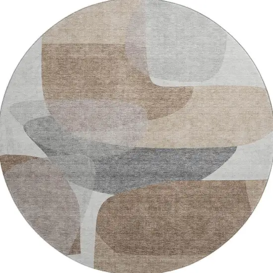 8' Coffee And Gray Abstract Washable Round Rug With UV Protection Photo 3