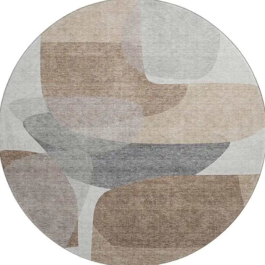 8' Coffee And Gray Abstract Washable Round Rug With UV Protection Photo 3