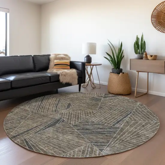 8' Coffee And Gray Geometric Washable Round Rug With UV Protection Photo 5