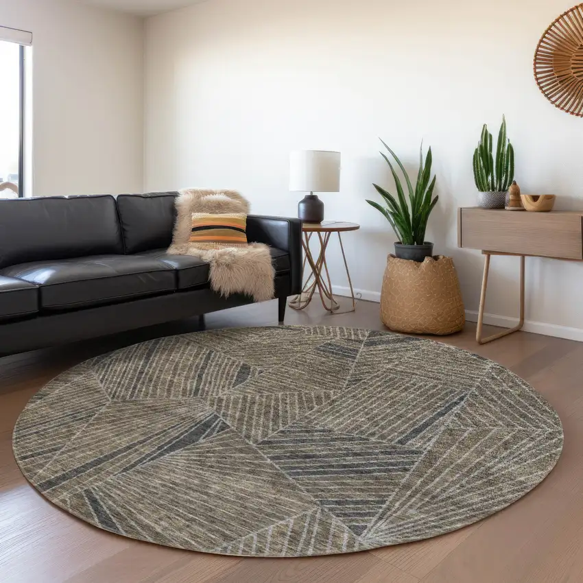 8' Coffee And Gray Geometric Washable Round Rug With UV Protection Photo 5