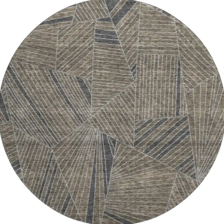 8' Coffee And Gray Geometric Washable Round Rug With UV Protection Photo 4