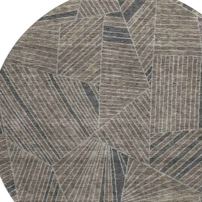 8' Coffee And Gray Geometric Washable Round Rug With UV Protection Photo 3