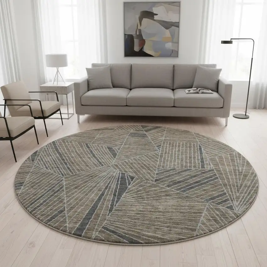 8' Coffee And Gray Geometric Washable Round Rug With UV Protection Photo 2
