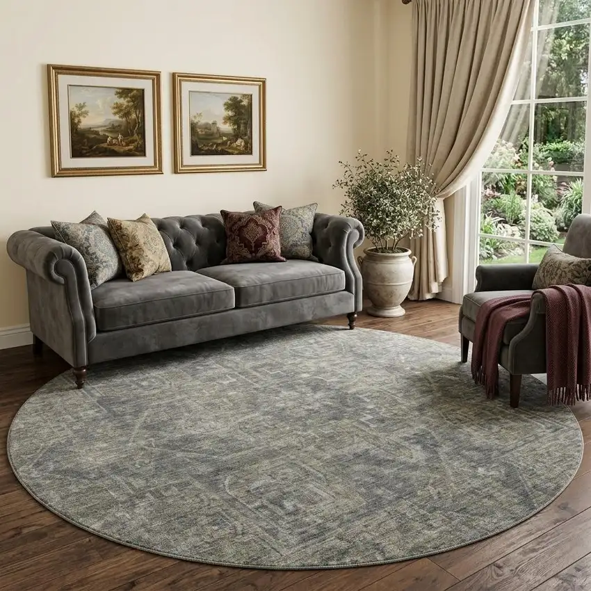 8' Coffee And Gray Medallion Distressed Washable Round Rug With UV Protection Photo 1