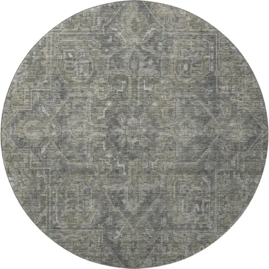 8' Coffee And Gray Medallion Distressed Washable Round Rug With UV Protection Photo 4