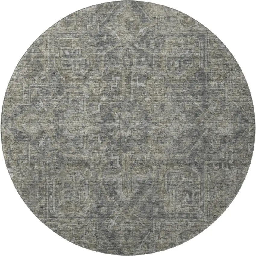 8' Coffee And Gray Medallion Distressed Washable Round Rug With UV Protection Photo 4
