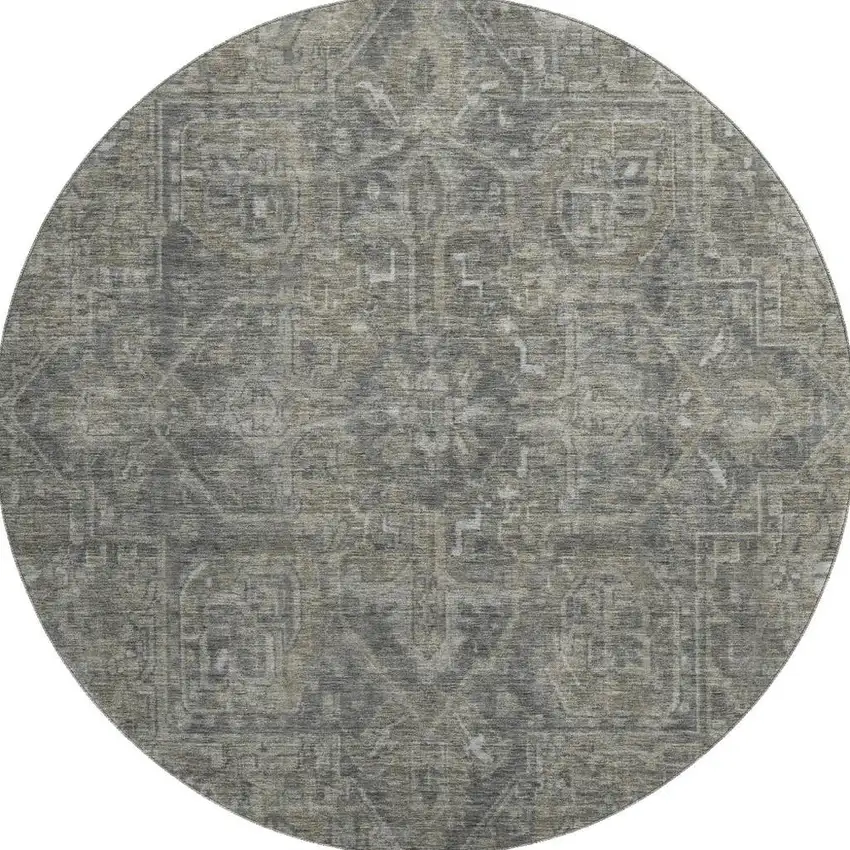8' Coffee And Gray Oriental Washable Round Rug With UV Protection Photo 3