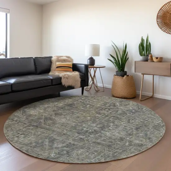 8' Coffee And Gray Oriental Washable Round Rug With UV Protection Photo 5