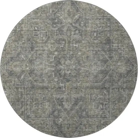 8' Coffee And Gray Oriental Washable Round Rug With UV Protection Photo 4