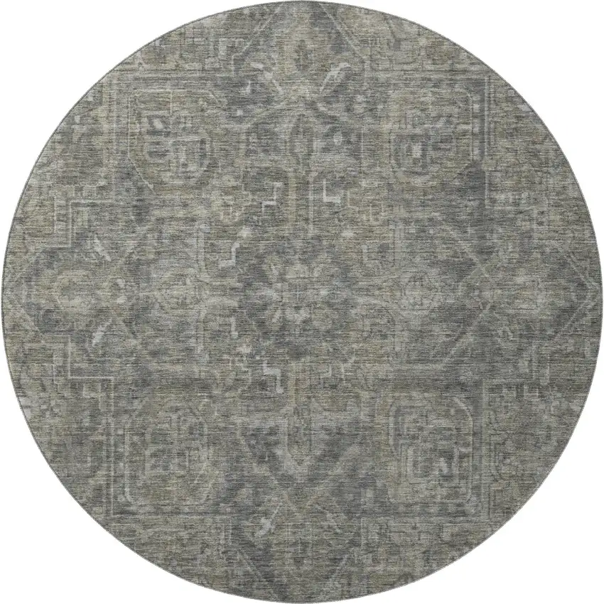 8' Coffee And Gray Oriental Washable Round Rug With UV Protection Photo 4
