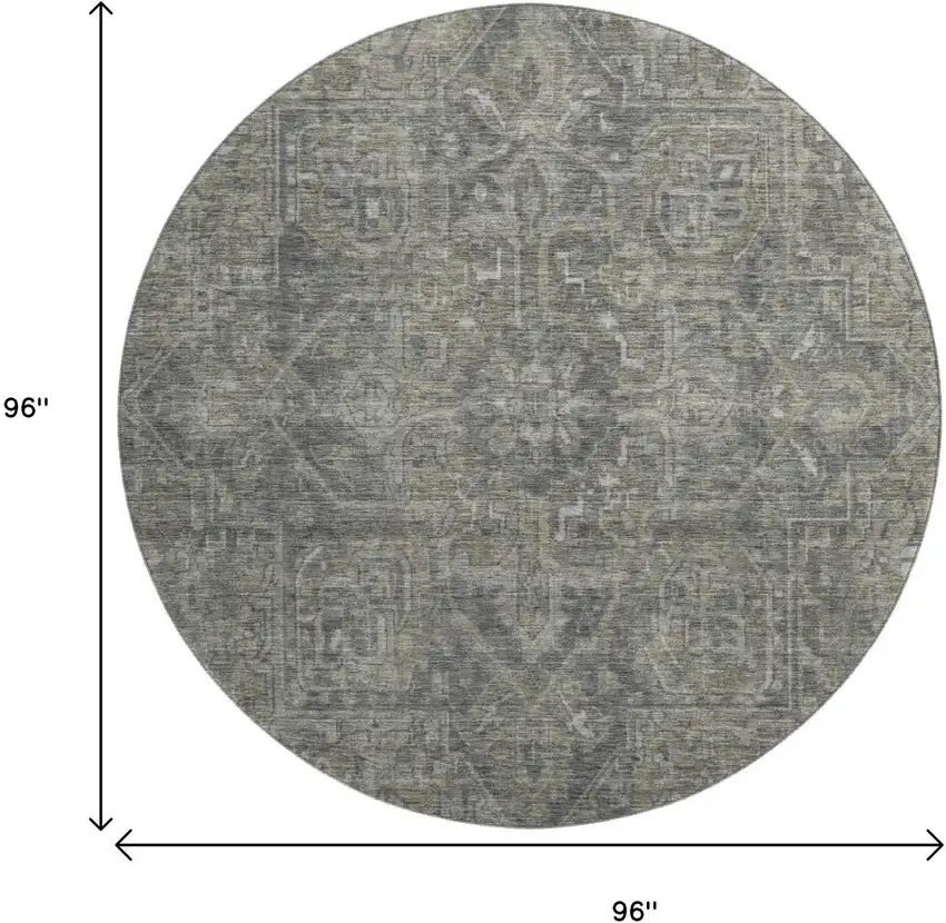 8' Coffee And Gray Medallion Distressed Washable Round Rug With UV Protection Photo 9