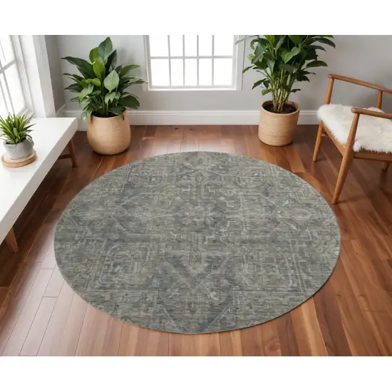 8' Coffee And Gray Oriental Washable Round Rug With UV Protection Photo 2