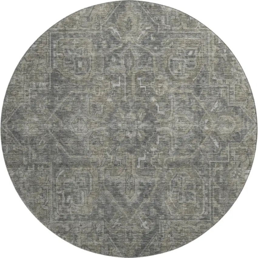 8' Coffee And Gray Medallion Distressed Washable Round Rug With UV Protection Photo 2
