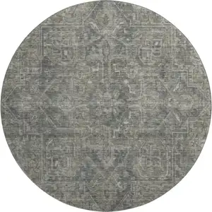 Photo of 8' Coffee And Gray Oriental Washable Round Rug With UV Protection