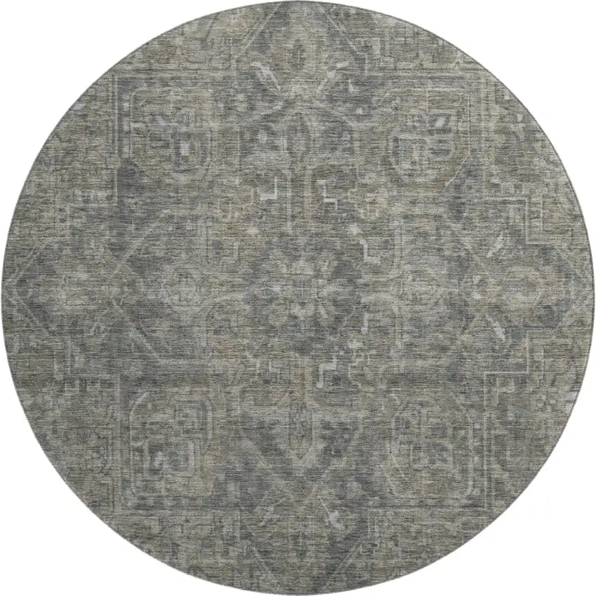 8' Coffee And Gray Oriental Washable Round Rug With UV Protection Photo 1