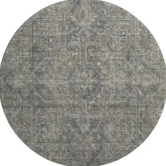 8' Coffee And Gray Medallion Distressed Washable Round Rug With UV Protection Photo 3