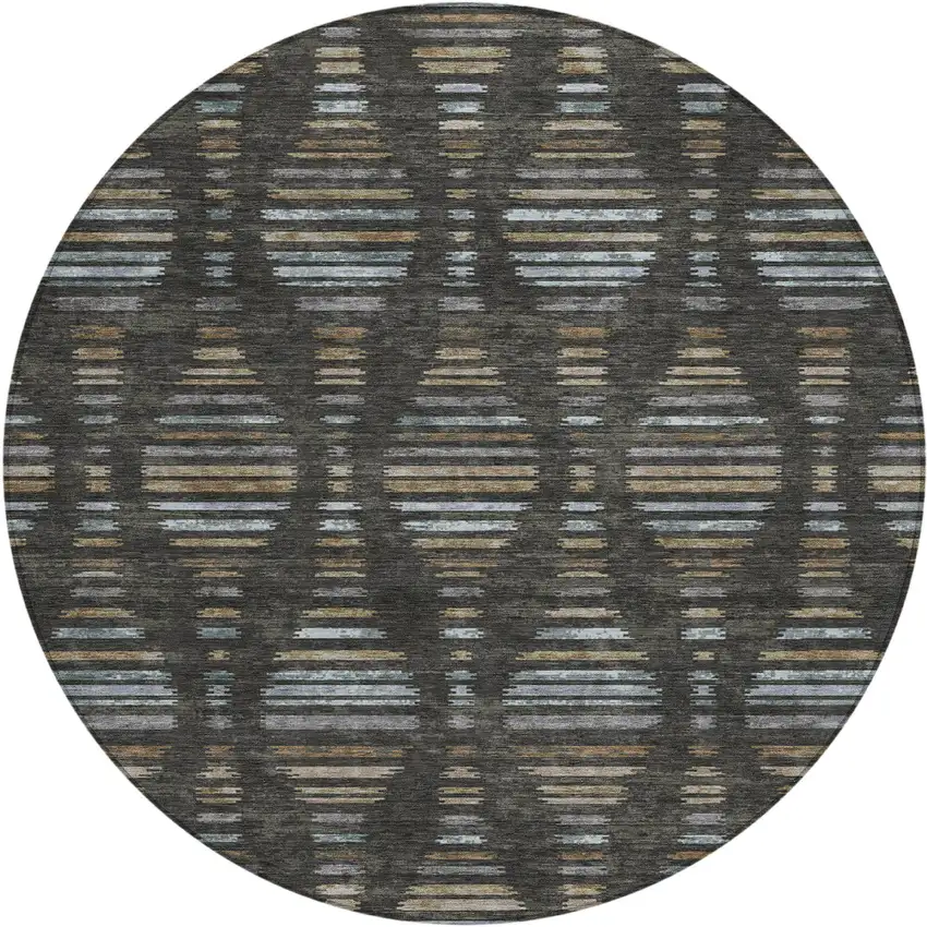 8' Coffee And Gray Round Striped Washable Indoor Outdoor Area Rug Photo 1