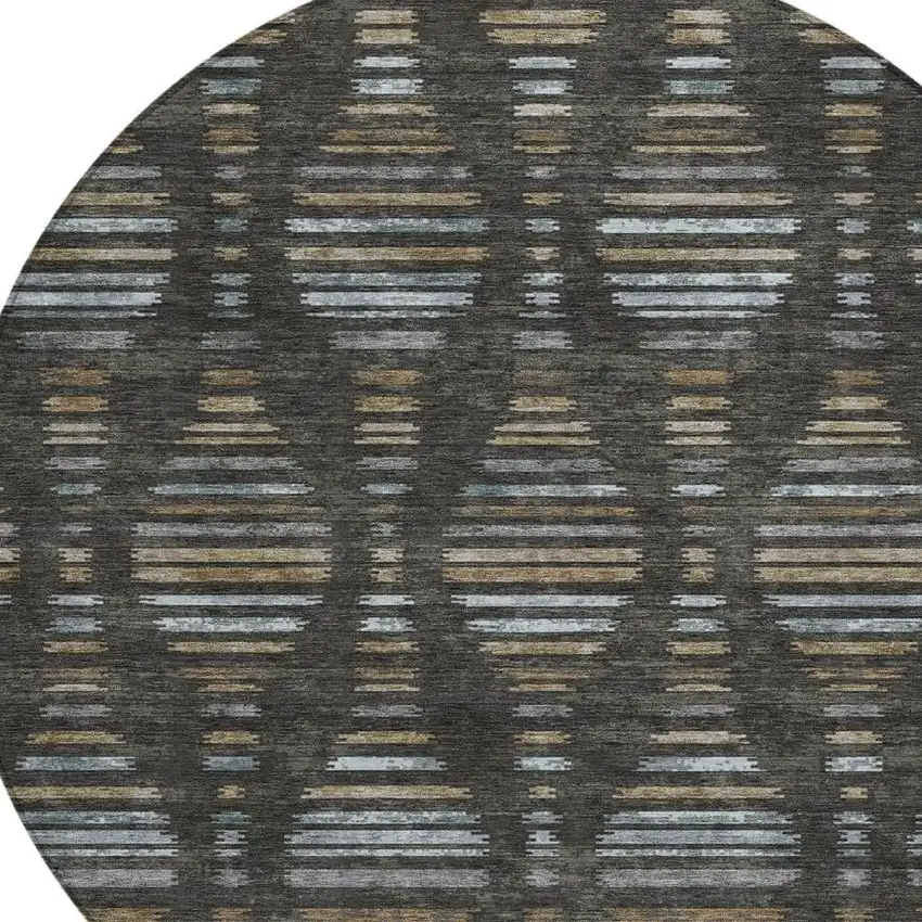 8' Coffee And Gray Round Striped Washable Indoor Outdoor Area Rug Photo 4