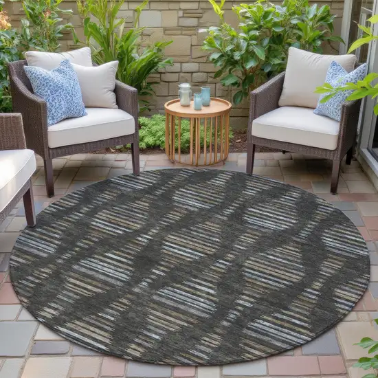 8' Coffee And Gray Round Striped Washable Indoor Outdoor Area Rug Photo 5