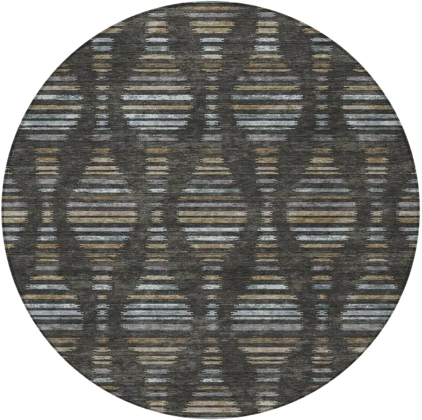 8' Coffee And Gray Round Striped Washable Indoor Outdoor Area Rug Photo 3
