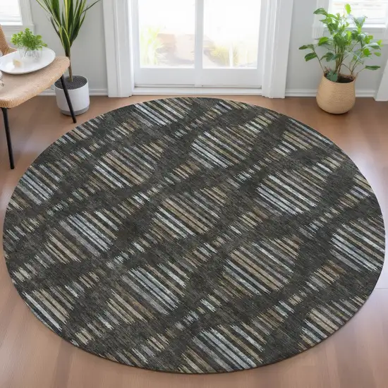 8' Coffee And Gray Round Striped Washable Indoor Outdoor Area Rug Photo 6