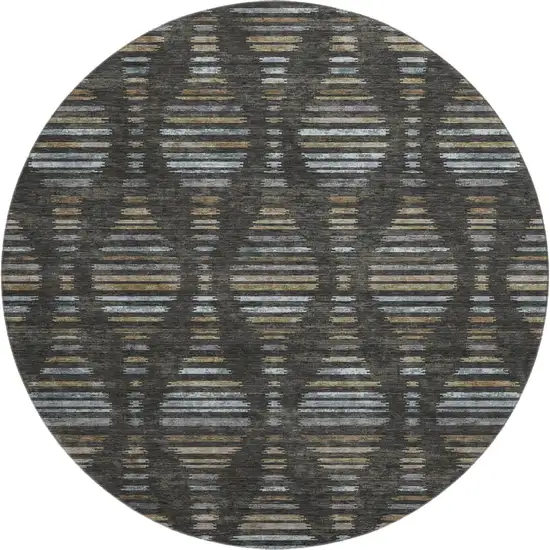 8' Coffee And Gray Striped Washable Round Rug With UV Protection Photo 1