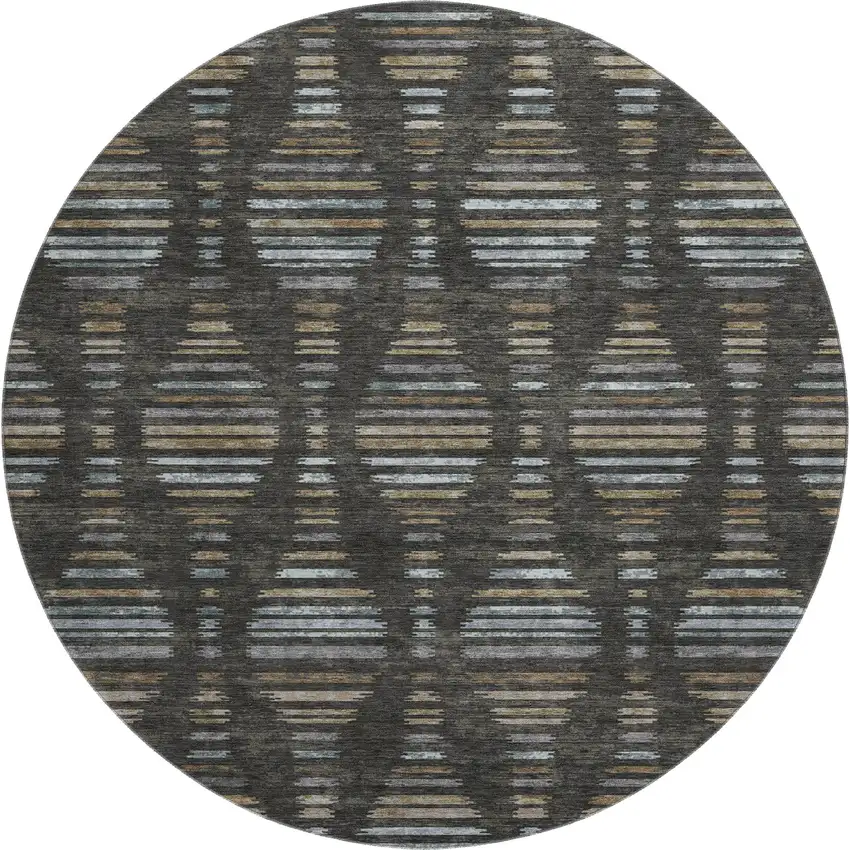 8' Coffee And Gray Striped Washable Round Rug With UV Protection Photo 1