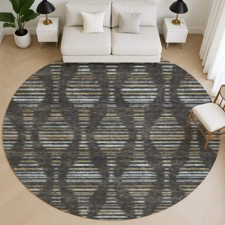 8' Coffee And Gray Striped Washable Round Rug With UV Protection Photo 5
