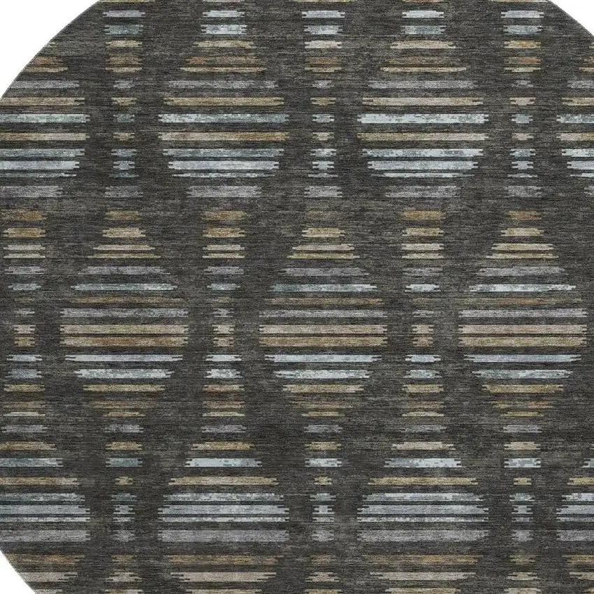 8' Coffee And Gray Striped Washable Round Rug With UV Protection Photo 3