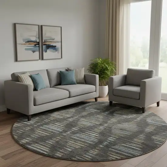 8' Coffee And Gray Striped Washable Round Rug With UV Protection Photo 2