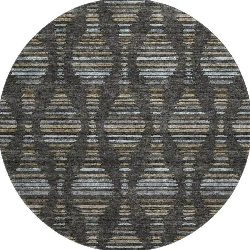 8' Coffee And Gray Striped Washable Round Rug With UV Protection Photo 4