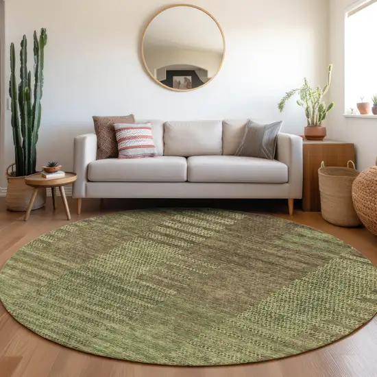 8' Coffee And Green Striped Washable Round Rug With UV Protection Photo 3