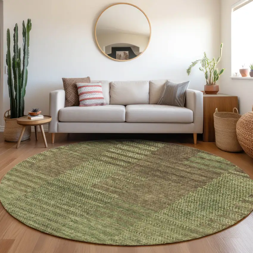 8' Coffee And Green Striped Washable Round Rug With UV Protection Photo 3